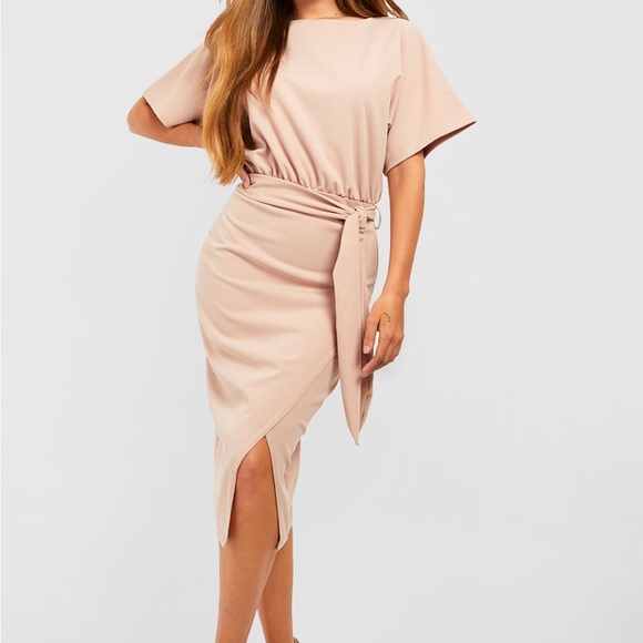 BOAT NECK TIE WAIST MIDI DRESS - Picture 4 of 5